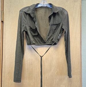 JW Signature Los Angeles Sheer Metallic Army Green Top Blouse Crop Top Medium